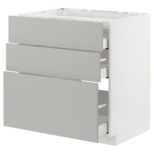 Modern, light grey METOD kitchen unit, made of fiberboard and steel, with three drawers and a sleek, clean design.