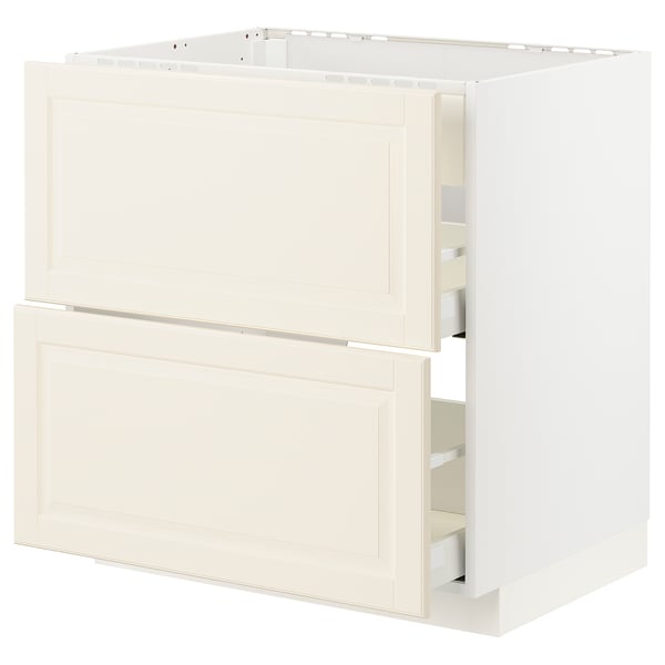 White METOD kitchen cabinet, off-white bodbyn fronts. Clean, modern, rectangular with beveled edges.