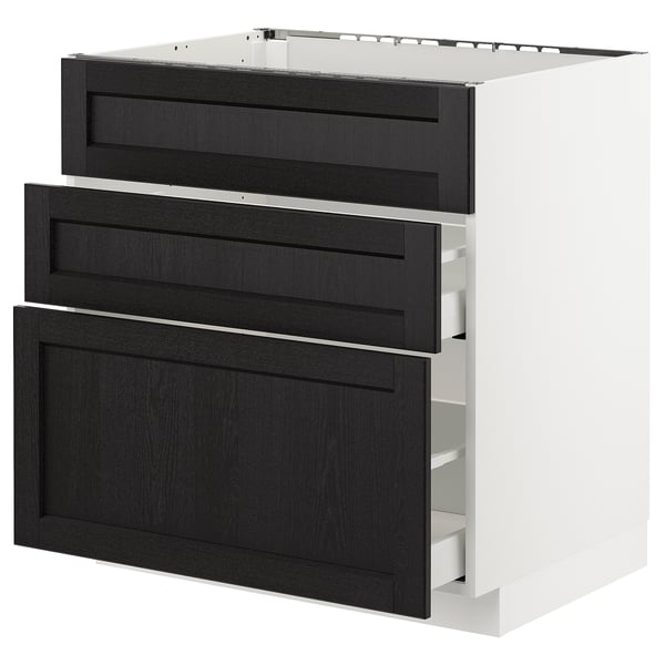 A modern kitchen cabinet set featuring black-stained wooden fronts with bevelled edges. It has three drawers and one door.
