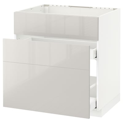 White modern kitchen cabinet with clean lines and high gloss drawers.