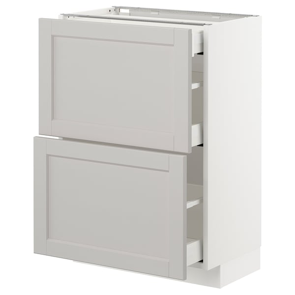 Modern white kitchen cabinet with two open drawers, sleek design, and bevelled edges.