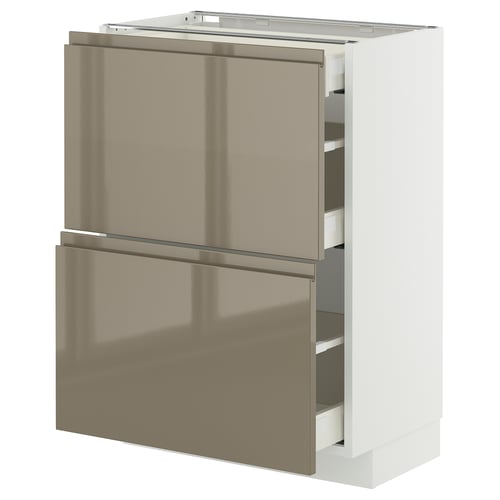 Modern kitchen cabinet in beige and white, featuring sleek drawers with integrated handles.