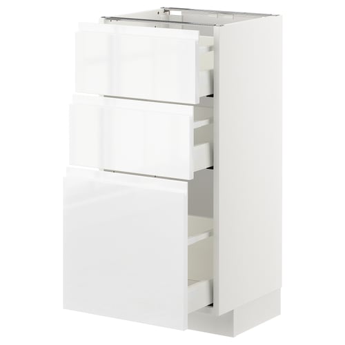 White high gloss kitchen cabinet with three drawers.
