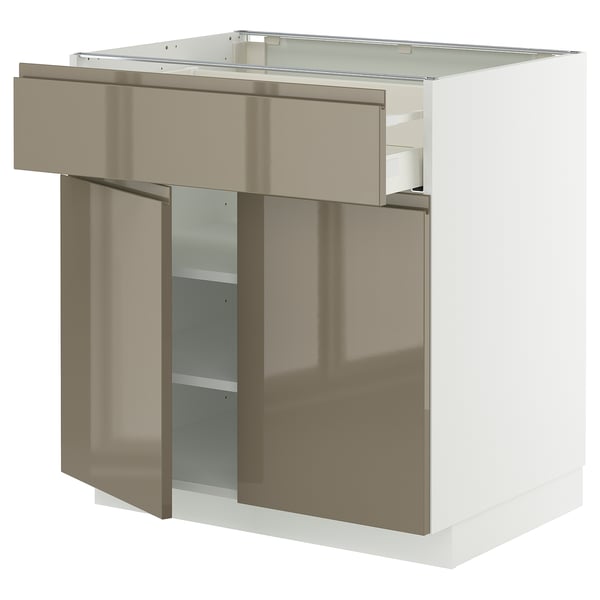 Modern kitchen unit, METOD series. White base, high gloss dark grey-brown drawer and doors. Integrated handles, sleek design.