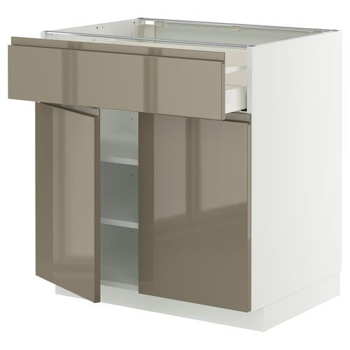 Modern kitchen unit, METOD series. White base, high gloss dark grey-brown drawer and doors. Integrated handles, sleek design.