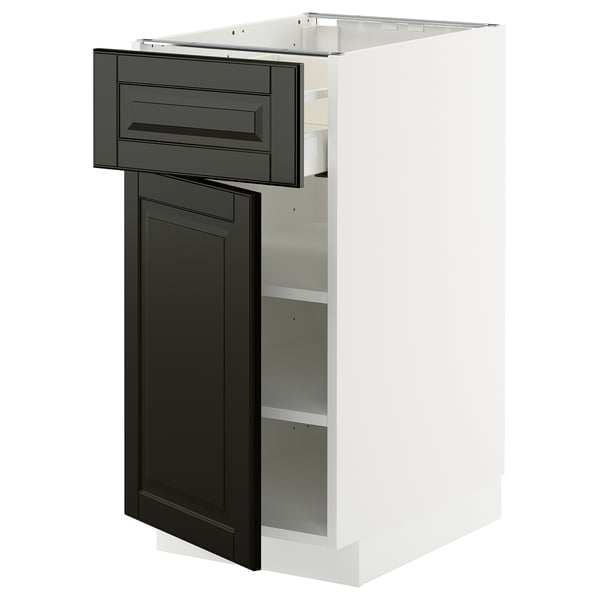 METOD kitchen with black doors, modern design, adjustable shelves, self-closing drawer.