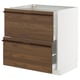 Simple, modern drawer unit, white base, dark brown wood front, two large drawers, minimalist handles, functional design.