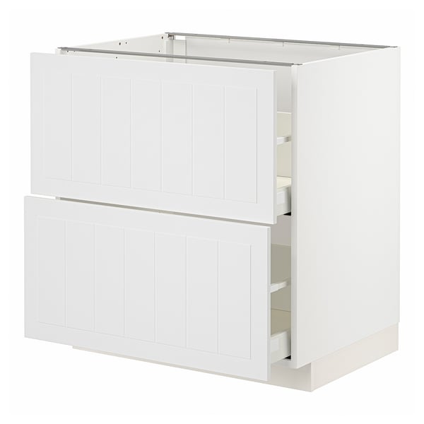 A white METOD kitchen cabinet with a crafted design and wooden texture.