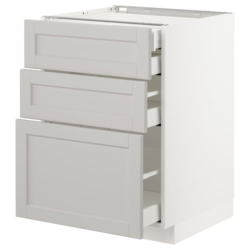 A light grey METOD kitchen cabinet with three drawers and a door. Its clean, classic design bevelled edges and smooth drawer fronts.