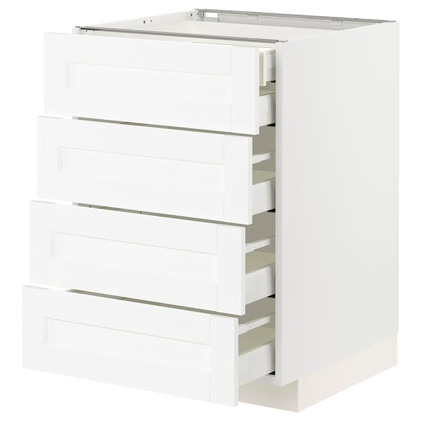White METOD base cabinet with four partial drawer units, simple design, modern kitchen storage.