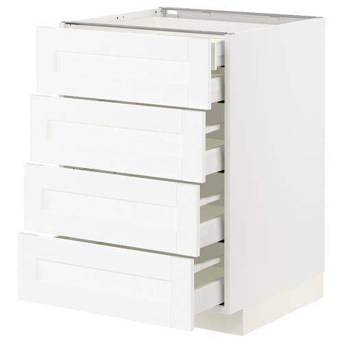 White METOD base cabinet with four partial drawer units, simple design, modern kitchen storage.