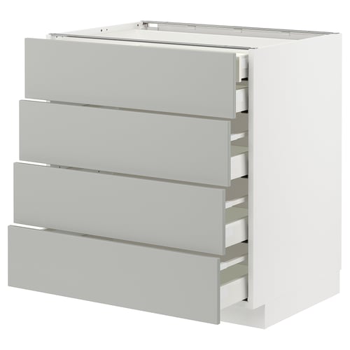 Modern grey kitchen unit with four open drawers: sleek, square, and minimalist design.