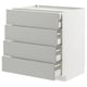 Modern grey kitchen unit with four open drawers: sleek, square, and minimalist design.