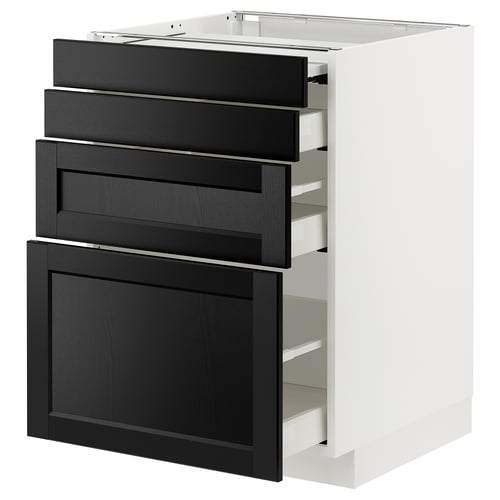 Modern kitchen cabinet with black stained wood drawers and white base, blending contemporary and traditional styles.