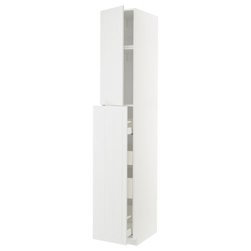 A white METOD kitchen cabinet with two open sections, featuring shelves and drawers. The cabinet is modern and functional with a sleek, clean design.