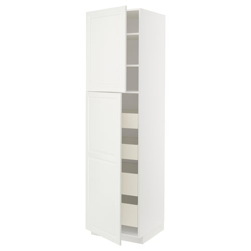 A white METOD kitchen cabinet with two doors and internal shelves, featuring a traditional design with bevelled edges.