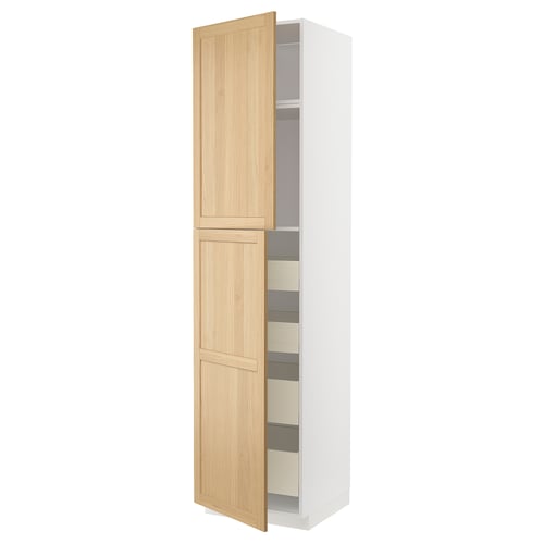 A white METOD kitchen cabinet with two light wood doors open, revealing shelves inside.