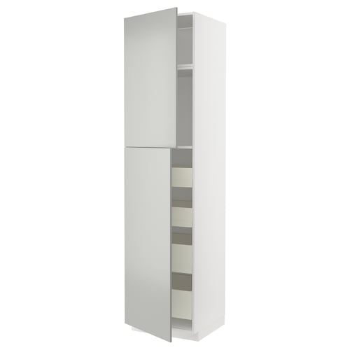 Modern white kitchen cabinet with grey shelves; tall, rectangular design, two sectioned doors.