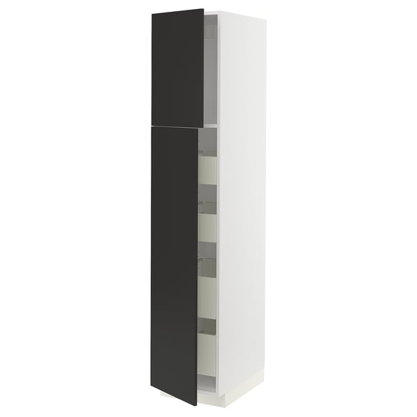 Modern white cabinet with black doors, metal handles, and glass shelves.