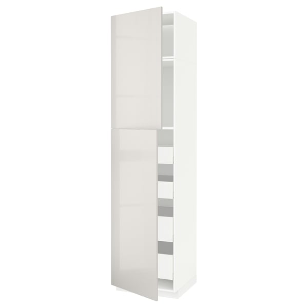 White high gloss METOD kitchen cabinet with shelves.