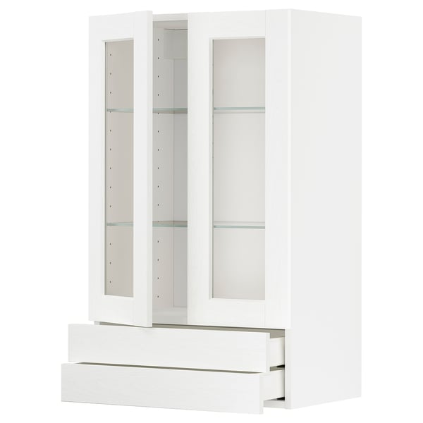 White METOD kitchen cabinet with glass doors and drawers, sleek modern design.