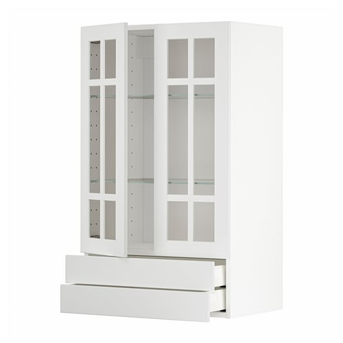 White METOD kitchen unit with glass doors and drawers, modern design.