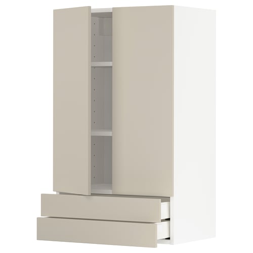 Beige METOD kitchen cabinet with adjustable shelves and drawers.