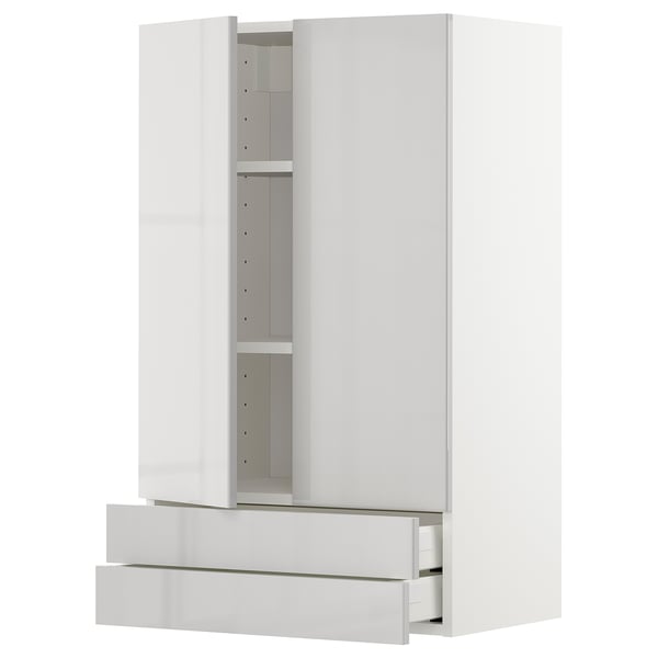 Modern white gloss cabinet with two drawers and adjustable shelf.