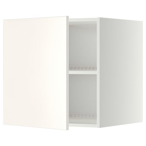 Ikea METOD white wall cabinet, one door open, two shelves visible. Adjustable, square, modern design.