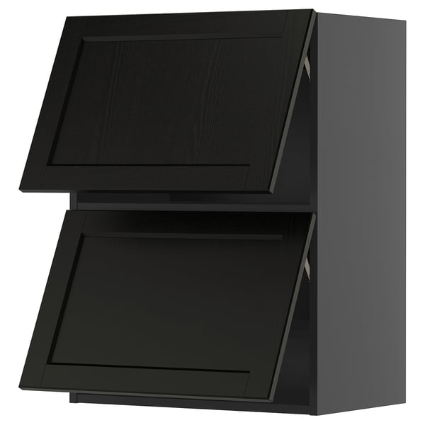 Black wooden kitchen cabinets with two angled doors, sleek and modern design.
