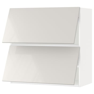 A white, modern, wall-mounted kitchen cabinet with a sleek design. It two shelves and a glossy finish.
