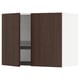 Dark wooden cabinet with open door revealing shelves. Crafted from oak veneer and particleboard, its designed for kitchen storage.