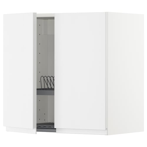 White METOD kitchen cabinet with built-in dish drainer, sleek design, integrated handles, open door revealing shelves.