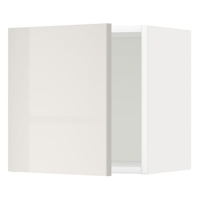 Modern, glossy white wall cabinet, slightly ajar in kitchen.
