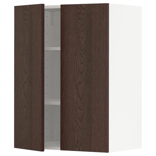 Dark wood panel cabinet, white frame, two doors open, visible shelf inside.