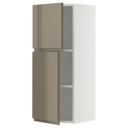 Modern, tall, white kitchen cabinet with dark grey-brown high gloss doors, two adjustable shelves, opened.