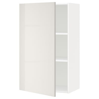 A white wall cabinet from the ikea METOD kitchen system, showcasing a modern design with high gloss doors and adjustable shelves.