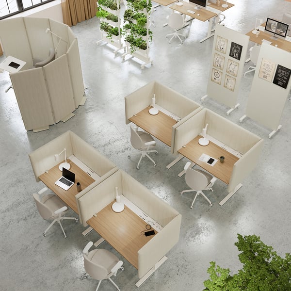 MITTZON desks with adjustable heights in neat office setup, beige dividers, chairs, and plants.