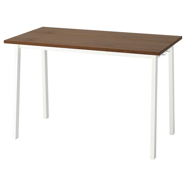 MITTZON desk, walnut top, white metal legs; rectangular shape, sleek design.