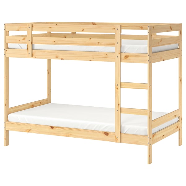 Displays a light-colored wooden bunk bed named MYDAL with a natural finish, featuring two mattresses on each level.
