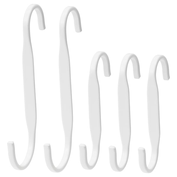 Four white metal hooks, streamlined design for hanging items.