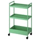 A light green, three-tiered metal rolling cart with handles, perfect for storage and mobility in small spaces.