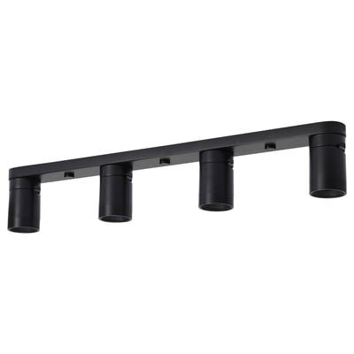 Black NYMÅNE ceiling light with four adjustable spotlights, sleek aluminium design for focused lighting.