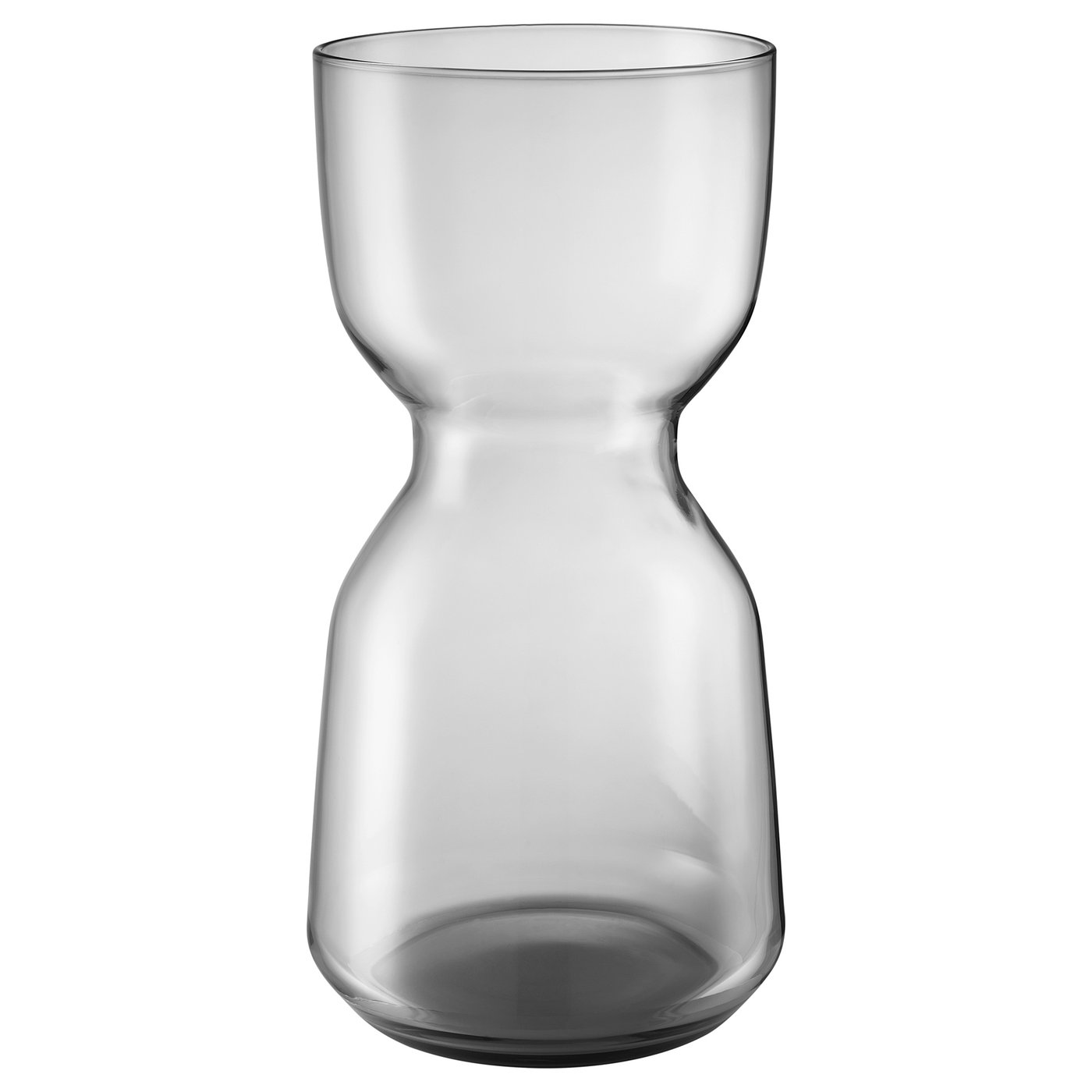 A clear glass vase named OMTÄNKSAM with a sleek, curved shape, designed for fresh flowers and easy handling.