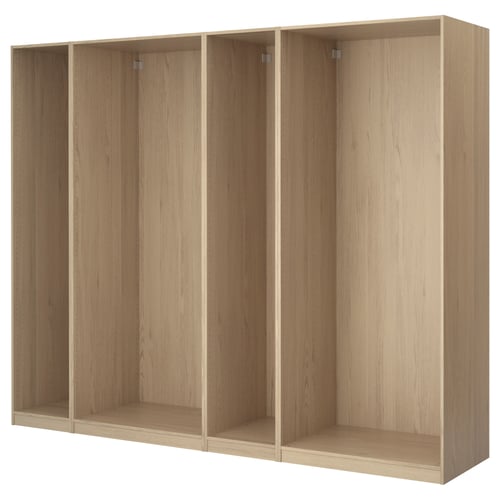 Light oak PAX wardrobe, particleboard with paper foil finish, open compartments.