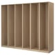 An empty PAX wardrobe in oak colour made of particleboard and foil, featuring multiple open compartments arranged in rows.
