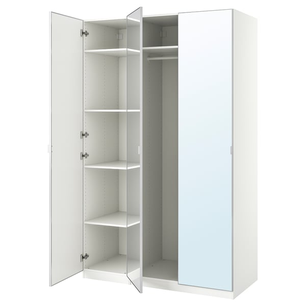 White PAX wardrobe with open doors, showing empty shelves and hanging rail.