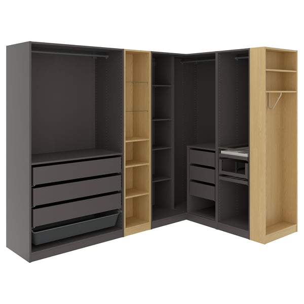 PAX wardrobe set: grey & oak, modern, open shelves, drawers, hanging space.