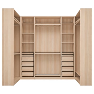 Ikea PAX light wood closet with shelves and drawers.