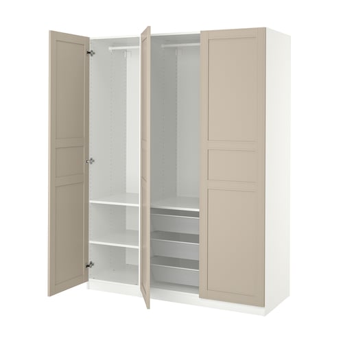 An open white PAX wardrobe with beige doors, featuring shelves and mesh drawers, designed for efficient storage.